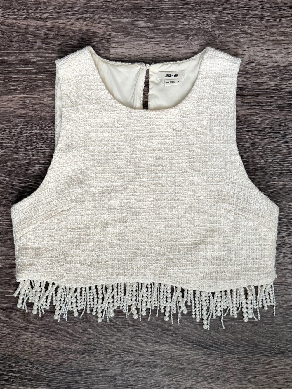 Jason Wu Pearl Fringe Crop Top Size 4 | Ivory/White Textured Tweed Sleeveless